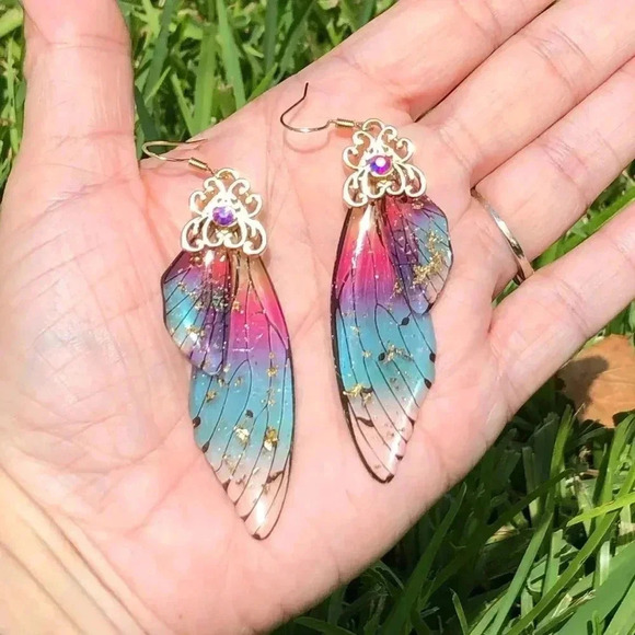 Rainbow Gold Cicada Fairy Butterfly Wing Earrings - Picture 1 of 2